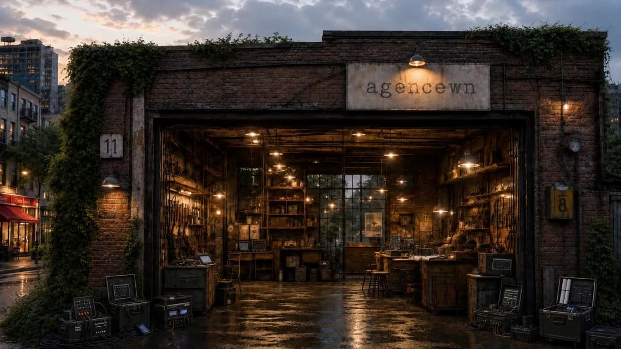 Atelier AgenceWN ouvert dans un garage de briques au crépuscule.